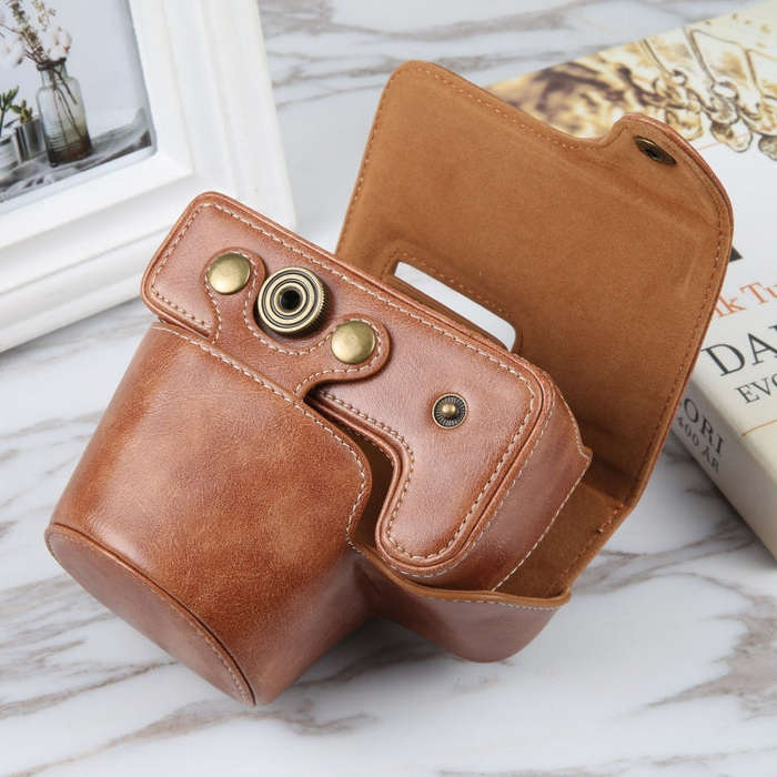 For Canon EOS R10 Camera Full Body Magnetic Leather Camera Case Bag with Strap(Brown)