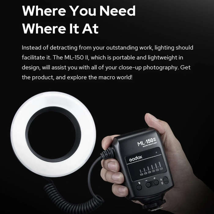 Godox ML-150II On-camera Macro Ring Flash Light with 8 Different Size Adapter Rings (Black)
