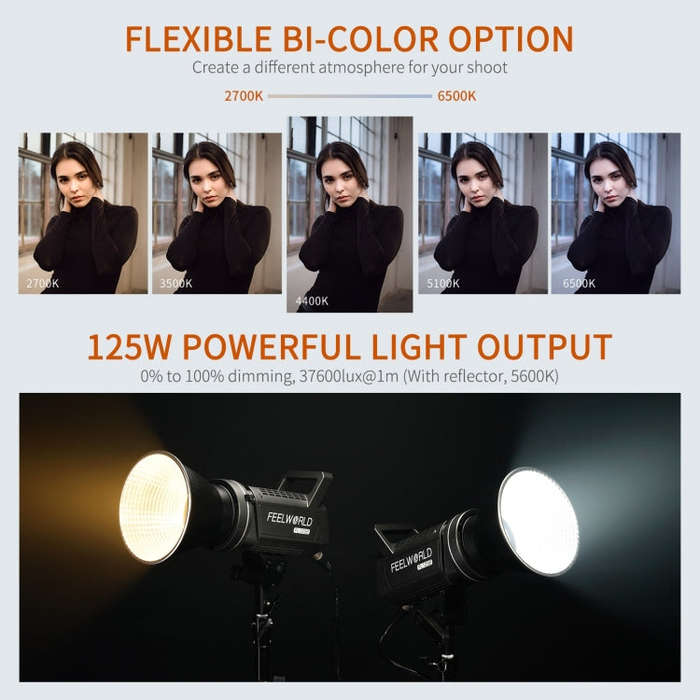 FEELWORLD FL125B 125W Bi-color Point Source Video Light, Bluetooth APP Control(US Plug)