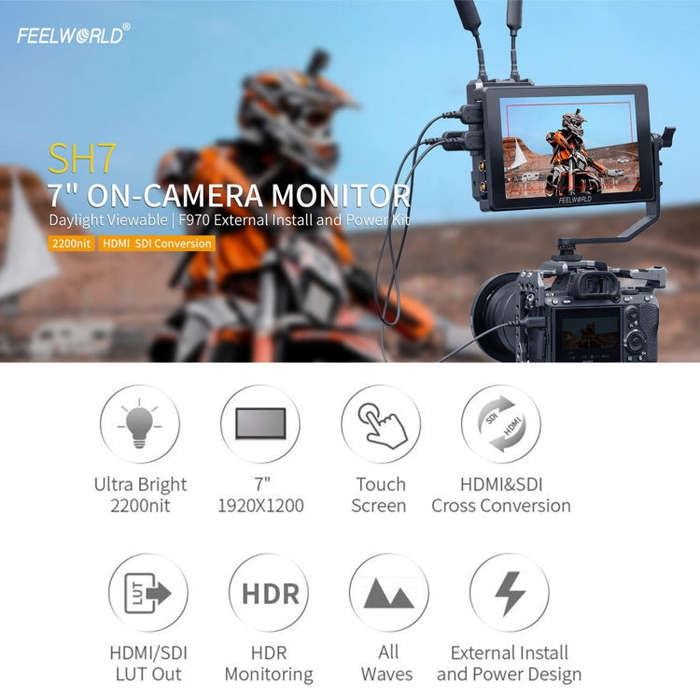 FEELWORLD SH7 7-inch Ultra Bright 2200nit On-camera Monitor SDI HDMI Cross Conversion (Black)