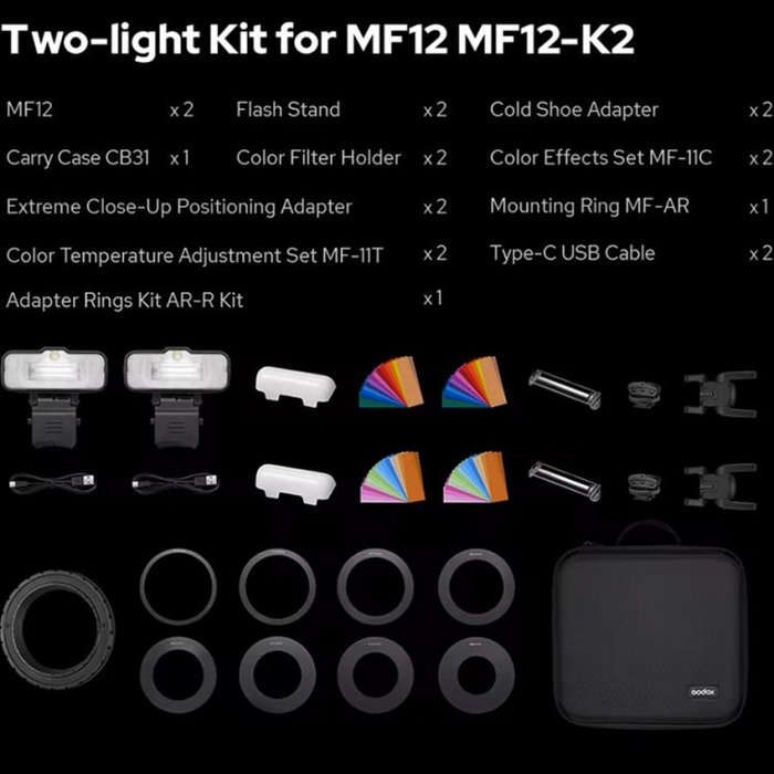 Godox MF12-K2 Macro Flash 2-Light Kit 2.4 GHz Wireless Control Light (Black)