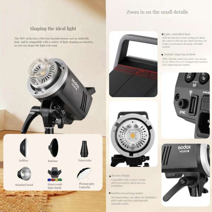 Godox MS200-V Studio Flash Light 200Ws Bowens Mount Strobe Light with Lamp Cover (EU Plug)