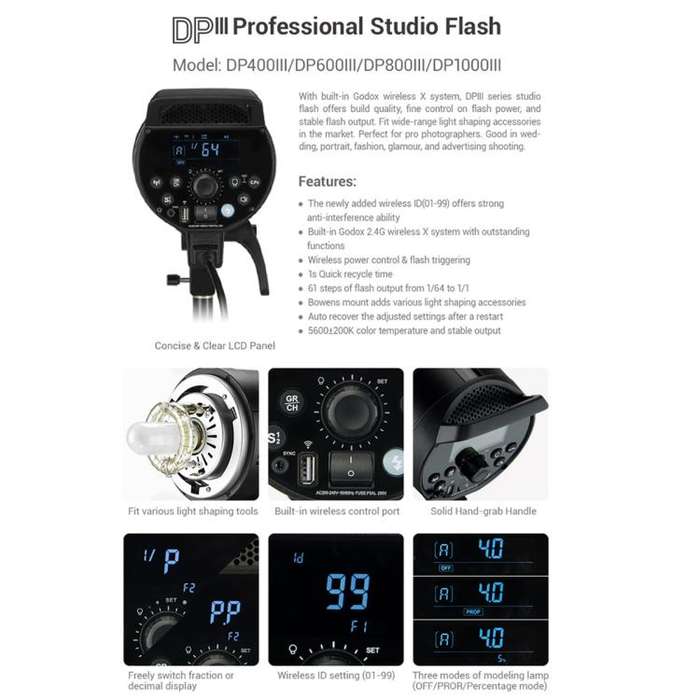 Godox DP400III Studio Flash Photo Light 400Ws 2.4G Wireless X System Bowens Mount Strobe Light, N...