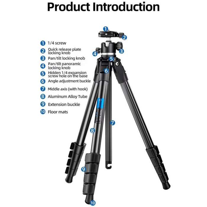 BEXIN TA255-BS30 Portable Collapsible Aluminum Alloy Camera Tripod with Head (Black)