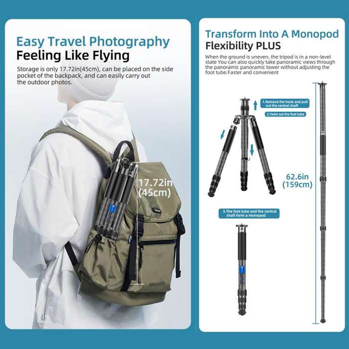 BEXIN W-334C Portable DSLR Camera 2 in 1 Carbon Fiber Tripod Detachable Monopod (Black)