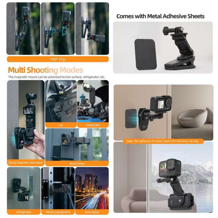 Sunnylife Stretchable Backpack Clip Rotatable Magnetic Mount Action Camera Holder Vlog Mount (Black)