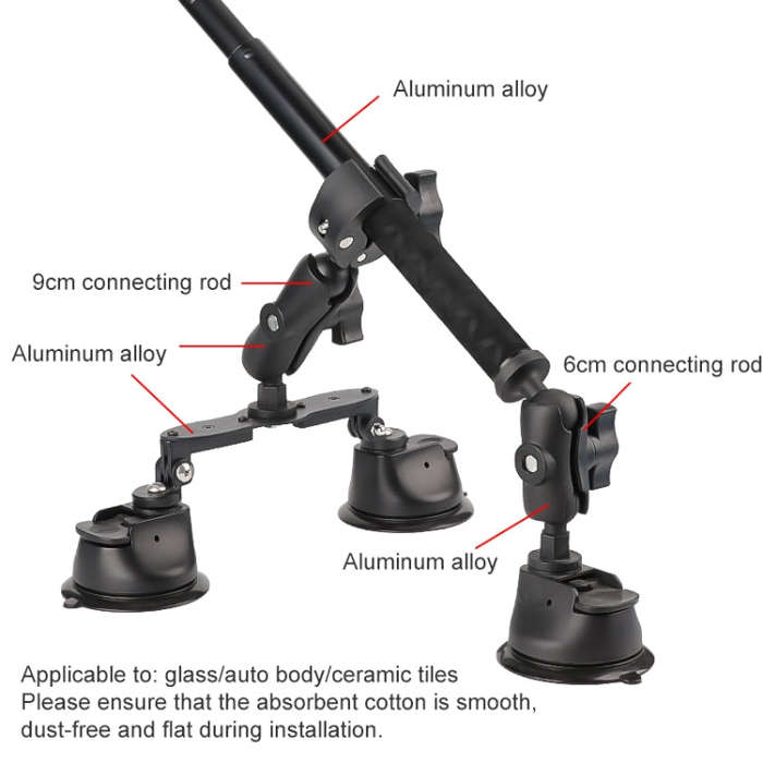 Dual-leg Suction Cup + Single Suction Cup with Selfie Stick Kits (Black)