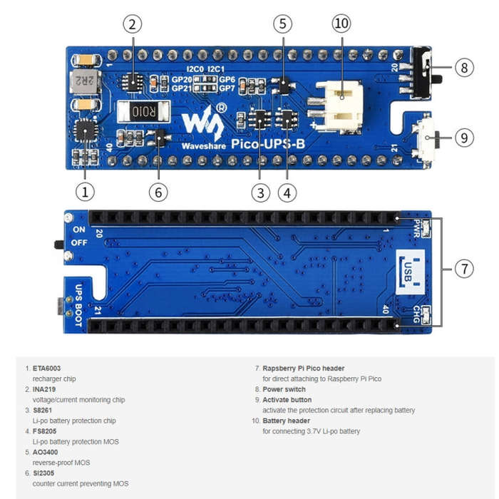 Waveshare UPS Module Uninterruptible Power Supply 600mAh Li-Po Battery Module Stackable Board for...