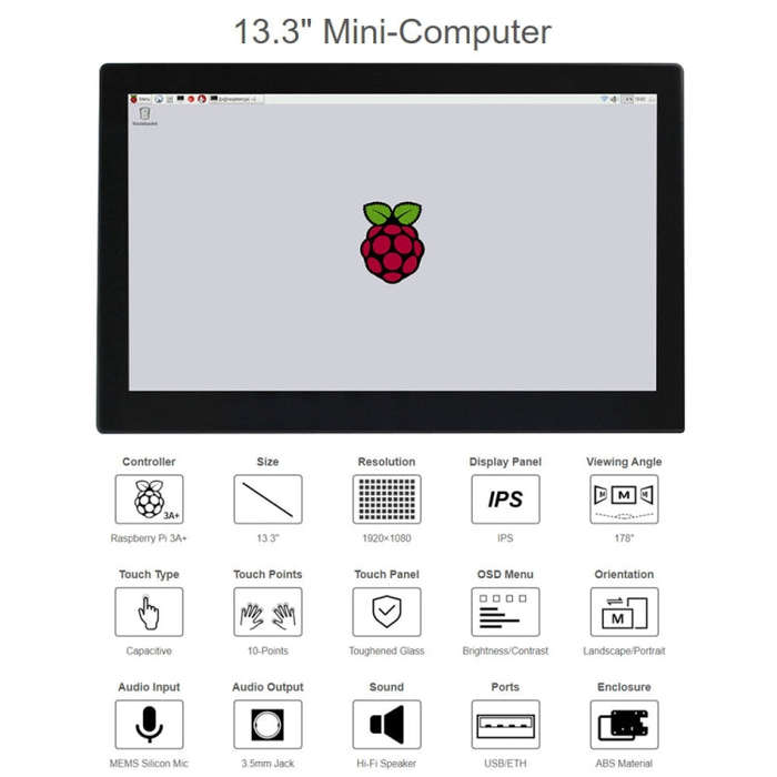 Waveshare 13.3 inch Mini-Computer Powered by Raspberry Pi 3A+, HD Touch Screen(US Plug)