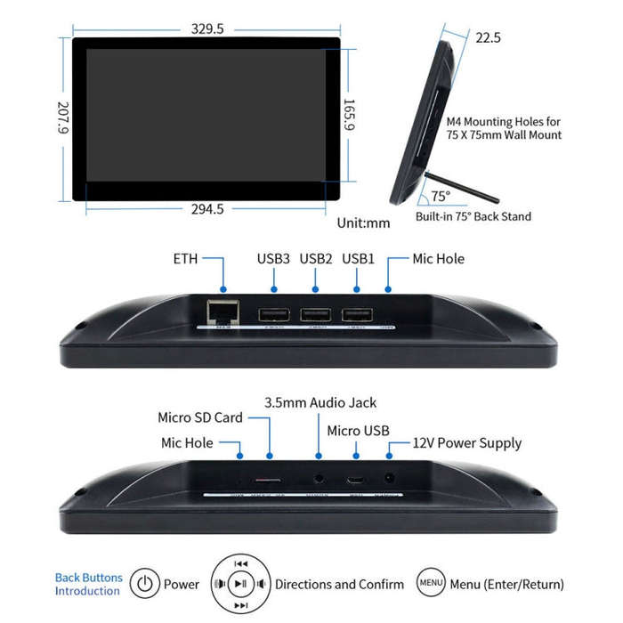 Waveshare 13.3 inch Mini-Computer Powered by Raspberry Pi 3A+, HD Touch Screen(US Plug)