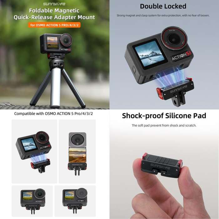 For DJI Osmo Action 5 Pro / 4 / 3 Sunnylife Foldable Magnetic Quick Release Mount + Magnetic Cold...