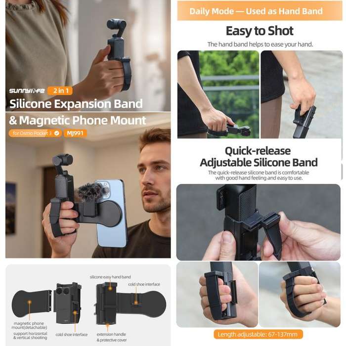 For DJI Osmo Pocket 3 Sunnylife Hand Band Magnetic Expansion Adapter Phone Teleprompter Holder Mo...