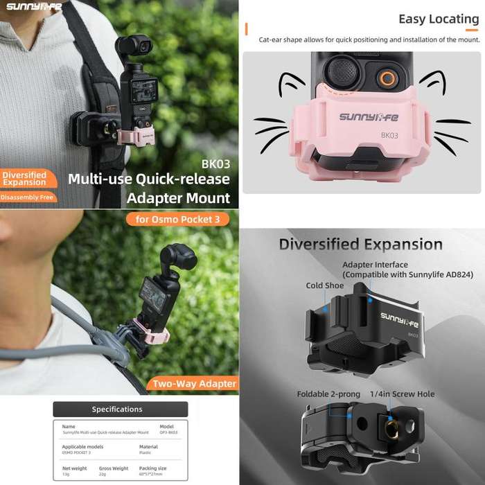 For DJI OSMO Pocket 3 Sunnylife Quick Release Adapter Mount Frame Two-Way Adapter Expansion Selfi...