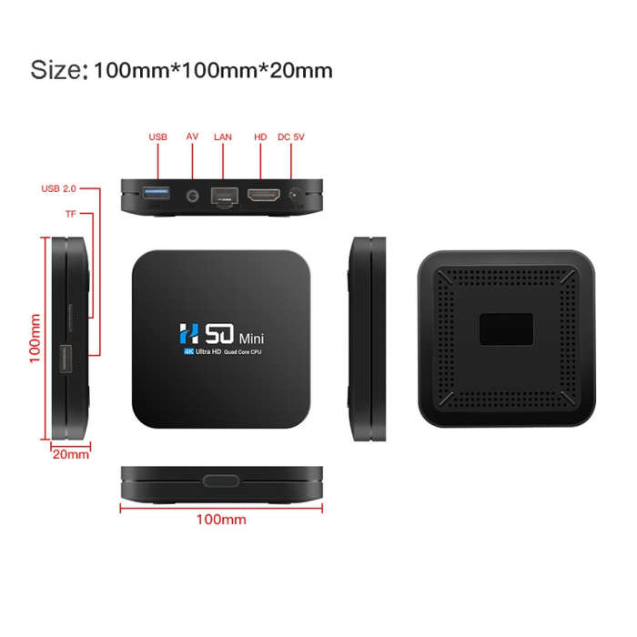 H50 Mini 4K Smart Network TV Box, Android 10.0, RK3318 Quad Core, 2GB+16GB, UK Plug