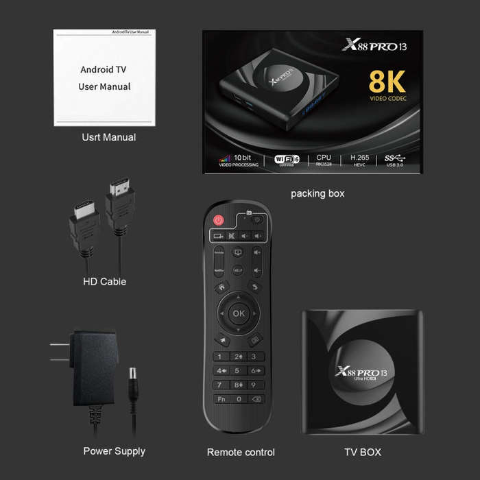X88 Pro 13 Android 13.0 Smart TV Box with Remote Control, RK3528 Quad-Core, 4G+64GB (AU Plug)