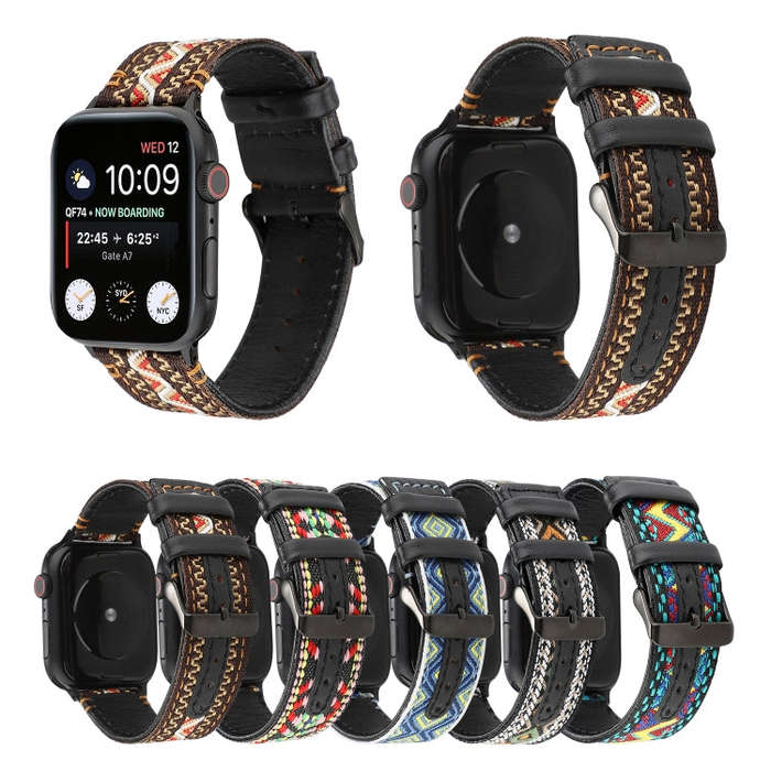 For Apple Watch Series 7 41mm / 6 & SE & 5 & 4 40mm / 3 & 2 & 1 38mm Ethnic Style Genuine Leather...
