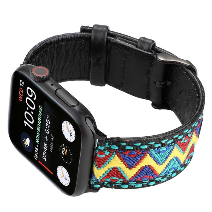 For Apple Watch Series 7 41mm / 6 & SE & 5 & 4 40mm / 3 & 2 & 1 38mm Ethnic Style Genuine Leather...