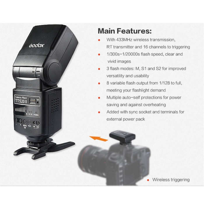 Godox TT520II 433MHZ Wireless 1/300s-1/2000s HSS Flash Speedlite Camera Top Fill Light for Canon ...