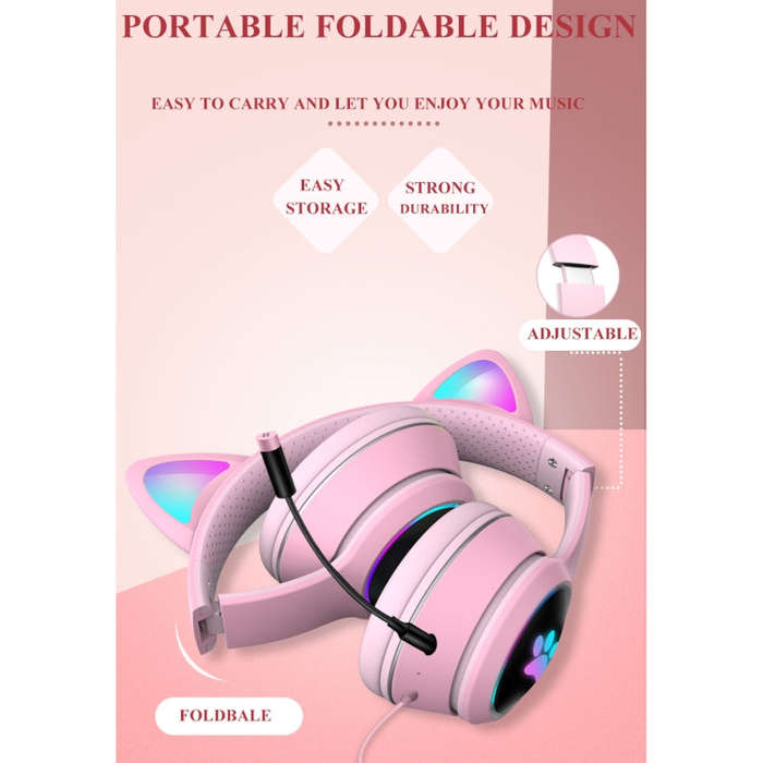 AKZ-022 USB + 3.5mm Port Cat Ear Design Foldable LED Headset with Mic(Dark Blue)