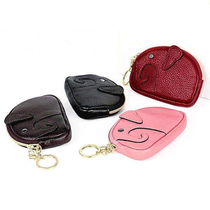 Ladies Head Layer Cowhide Elephant Zipper Coin Purse(Pink)