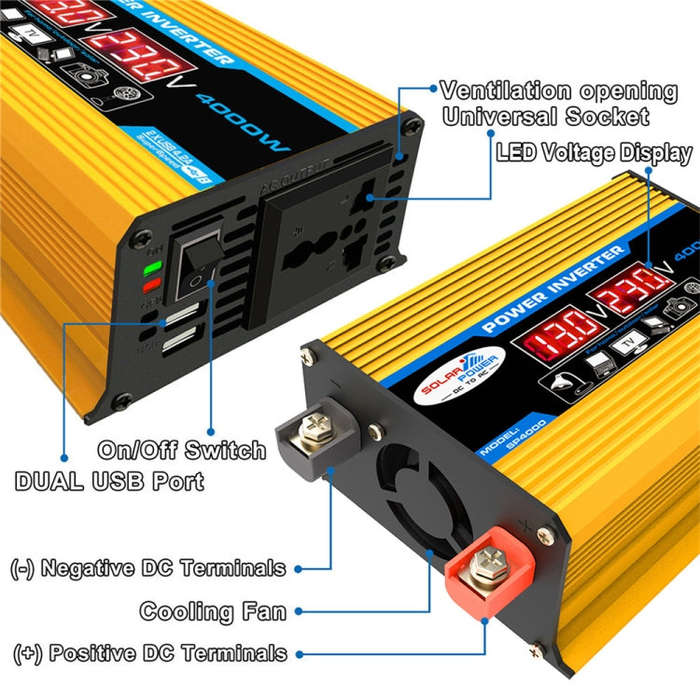 Tang II Generation 12V to 220V 4000W Modified Square Wave Car Power Inverter(Yellow)