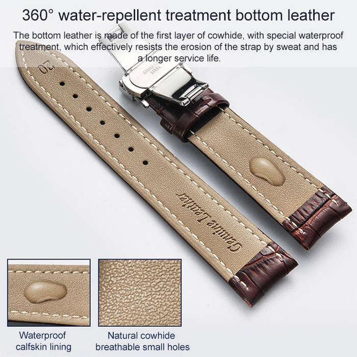 16mm Classic Cowhide Leather Black Butterfly Buckle Watch Band(Black)
