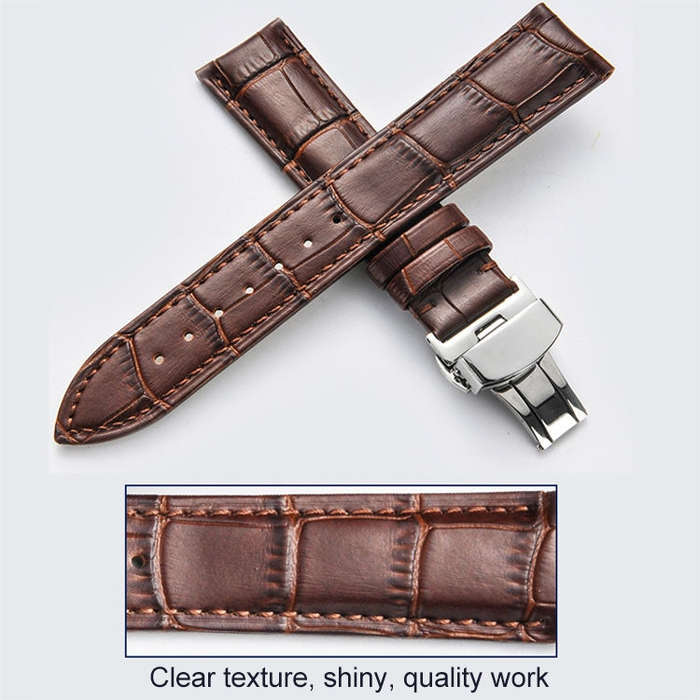 16mm Classic Cowhide Leather Black Butterfly Buckle Watch Band(Black)
