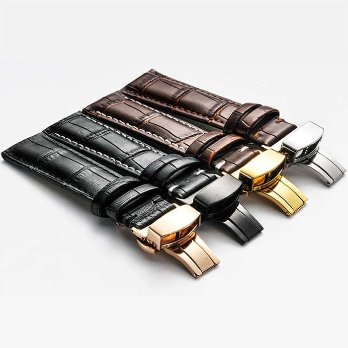 18mm Classic Cowhide Leather Black Butterfly Buckle Watch Band(Brown White Lines)