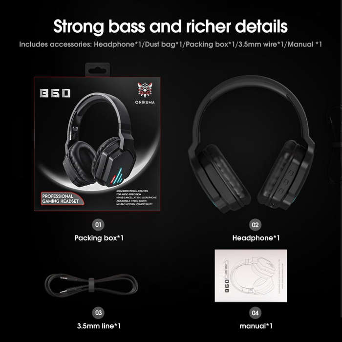 ONIKUMA B60 Bluetooth 5.0 Adjustable Strong Bass Gaming Wireless Bluetooth Headset with Microphon...