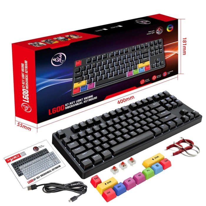 HXSJ L600 87 Keys USB-C / Type-C Wired Red Shaft Mechanical Keyboard with Cool Backlight(Black)