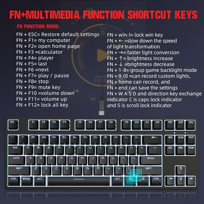 HXSJ L600 87 Keys USB-C / Type-C Wired Red Shaft Mechanical Keyboard with Cool Backlight(Black)