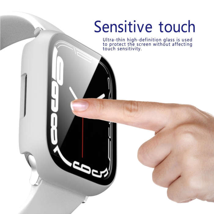 2 in 1 PC Frame + Tempered Glass Protector Case For Apple Watch Series 9 / 8 / 7 45mm(White)
