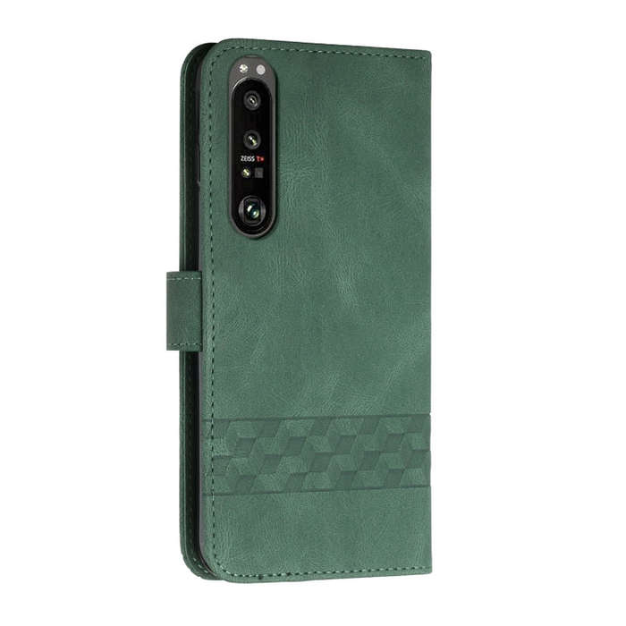 For Sony Xperia 1 III Cubic Skin Feel Flip Leather Phone Case(Dark Green)