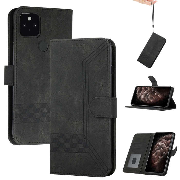 For Google Pixel 5 Cubic Skin Feel Flip Leather Phone Case(Black)