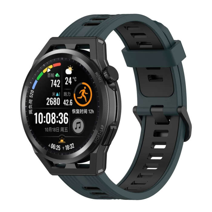 For Huawei Watch GT Runner 22mm Two-color Stripe Silicone Watch Band(Olive Green Black)