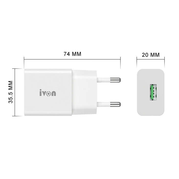 IVON AD-35 2 in 1 18W QC3.0 USB Port Travel Charger + 1m USB to Micro USB Data Cable Set, EU Plug...