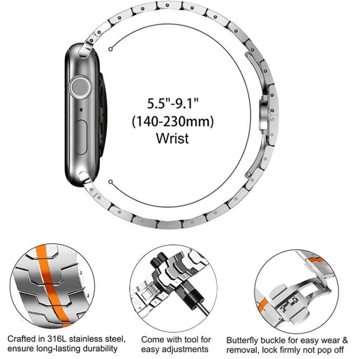 Steel Watch Band For Apple Watch Series 9&8&7 41mm / SE 3&SE 2&6&SE&5&4 40mm / 3&2&1 38mm(Silver ...