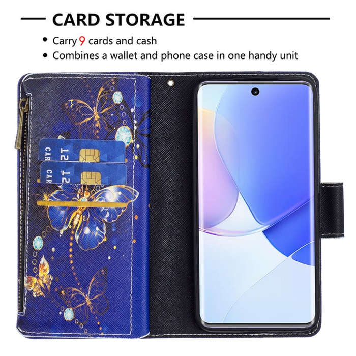 For Honor 50 / Huawei nova 9 Colored Drawing Pattern Zipper Leather Phone Case(Purple Butterfly)