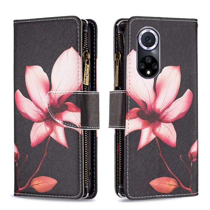 For Honor 50 / Huawei nova 9 Colored Drawing Pattern Zipper Leather Phone Case(Lotus)