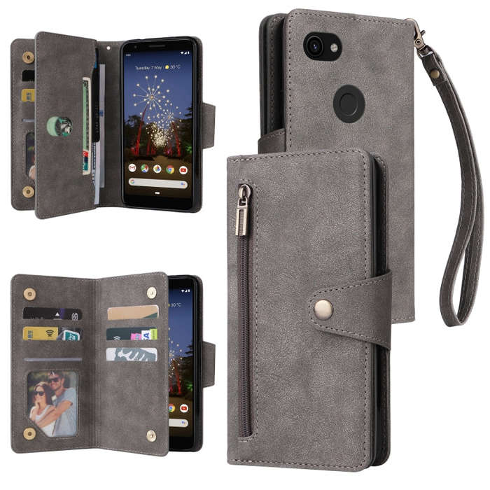 For Google Pixel 3A Rivet Buckle 9 Cards Three Fold Leather Phone Case(Grey)