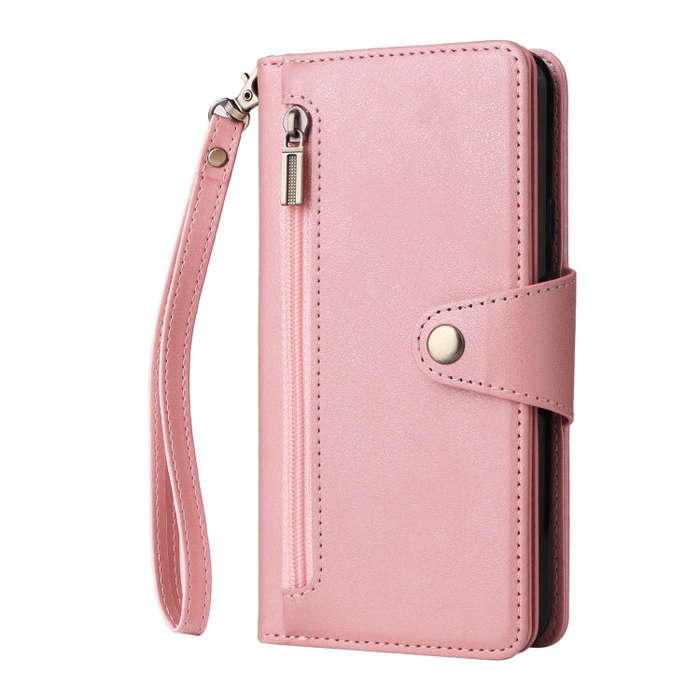 For Google Pixel 3A XL Rivet Buckle 9 Cards Three Fold Leather Phone Case(Rose Gold)