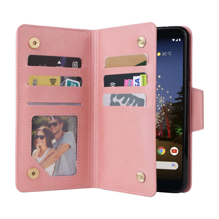 For Google Pixel 3A XL Rivet Buckle 9 Cards Three Fold Leather Phone Case(Rose Gold)