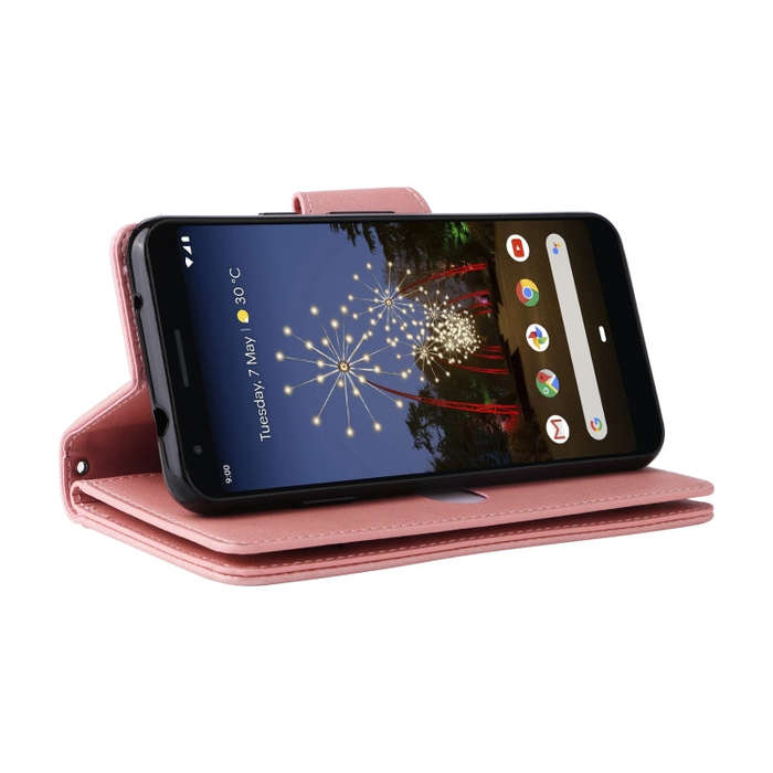 For Google Pixel 3A XL Rivet Buckle 9 Cards Three Fold Leather Phone Case(Rose Gold)