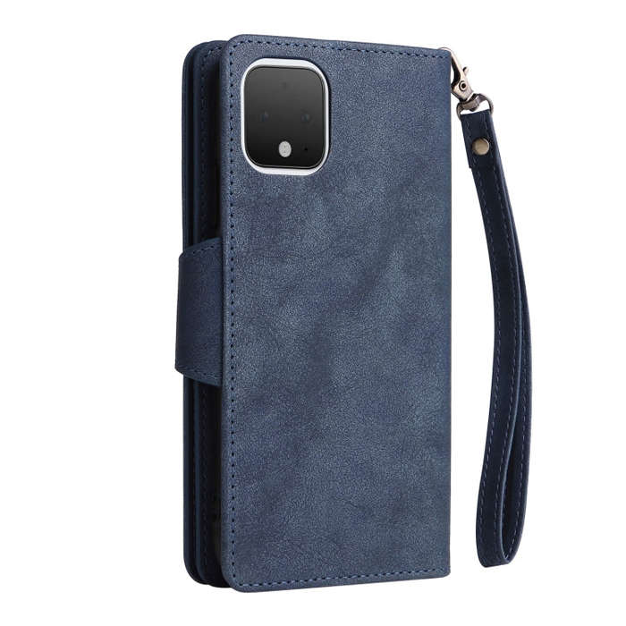 For Google Pixel 4 Rivet Buckle 9 Cards Three Fold Leather Phone Case(Blue)