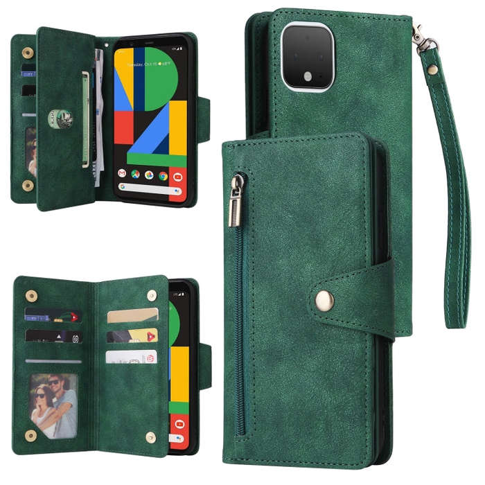 For Google Pixel 4 Rivet Buckle 9 Cards Three Fold Leather Phone Case(Green)