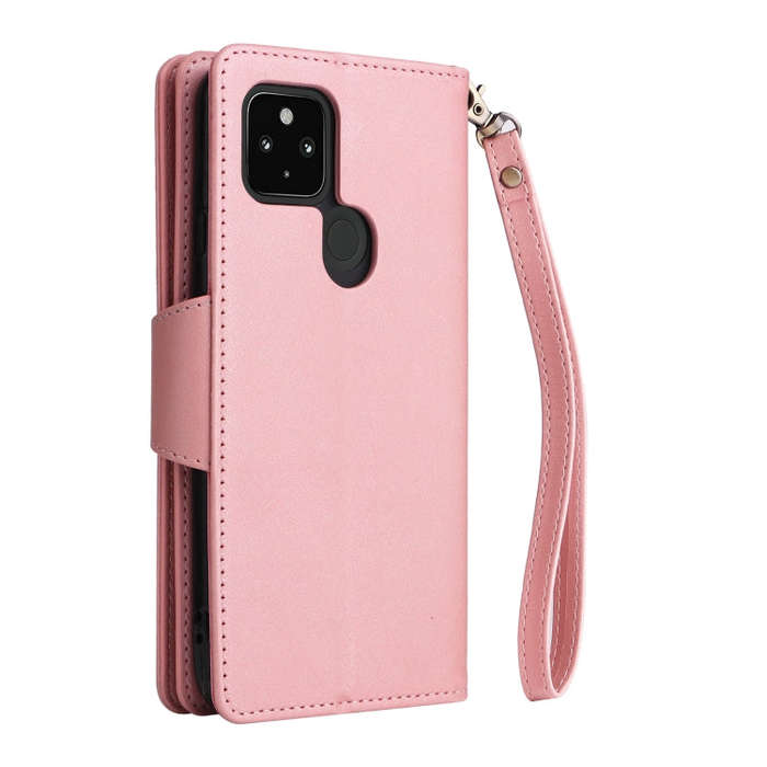 For Google Pixel 4A 5G Rivet Buckle 9 Cards Three Fold Leather Phone Case(Rose Gold)