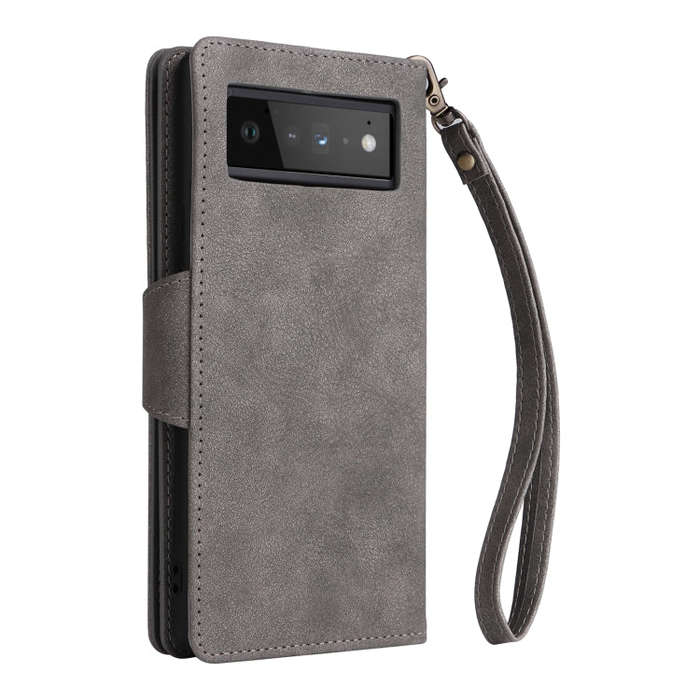 For Google Pixel 6 Pro Rivet Buckle 9 Cards Three Fold Leather Phone Case(Grey)