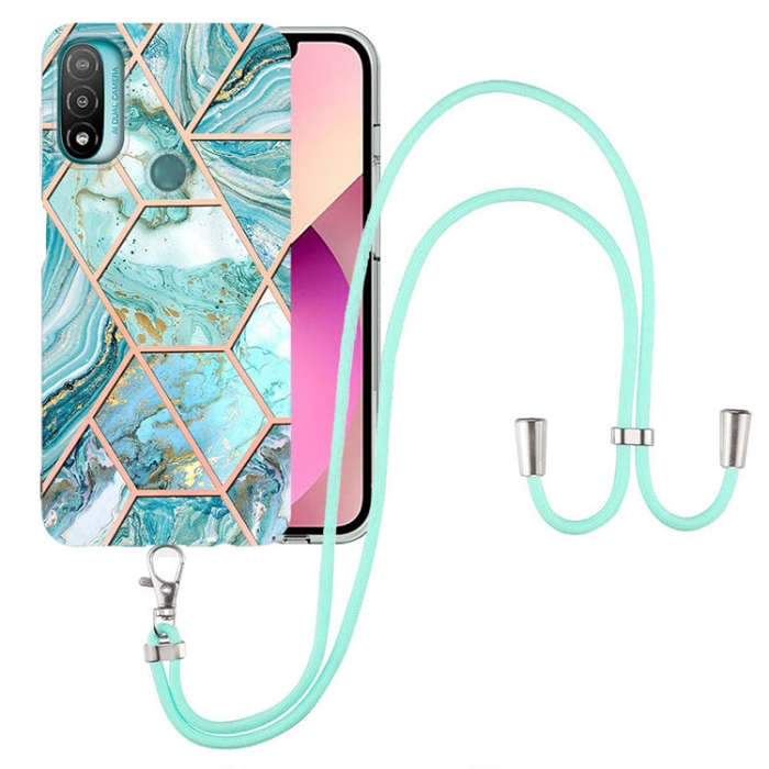 For Motorola Moto E20 / E30 / E40 Electroplating Splicing Marble TPU Phone Case with Lanyard(Blue)
