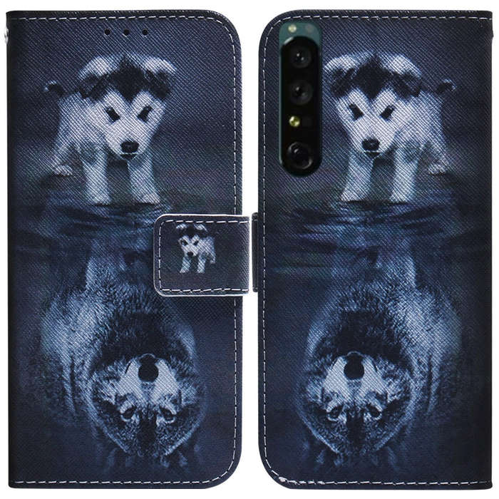 For Sony Xperia 1 IV Coloured Drawing Leather Phone Case(Wolf and Dog)