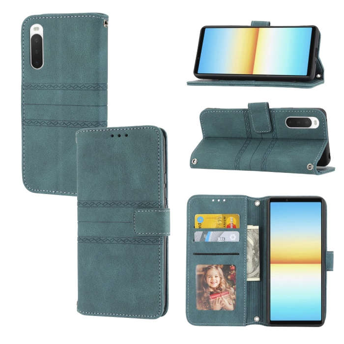 For Sony Xperia 10 IV Embossed Striped Magnetic Buckle Horizontal Flip Phone Leather Case(Green)